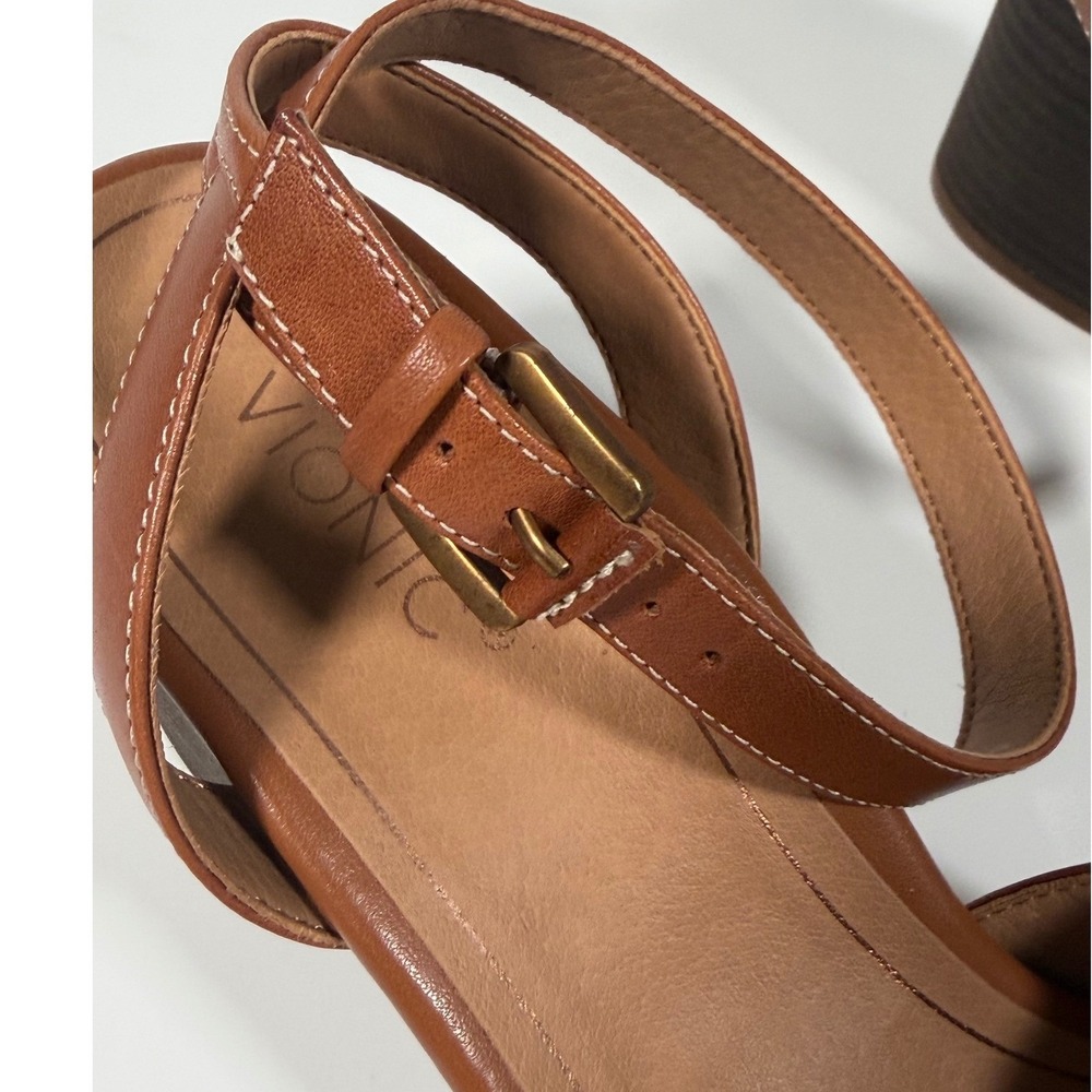 Vionic Tan Leather Block Heel Sandals Ankle Strap Boho Minimalist Brown Women 10 - Picture 4 of 9
